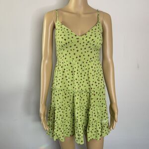 Vintage Y2K Green Floral Skater Dress Sweetheart Neck Ruffle Fit Flare XS